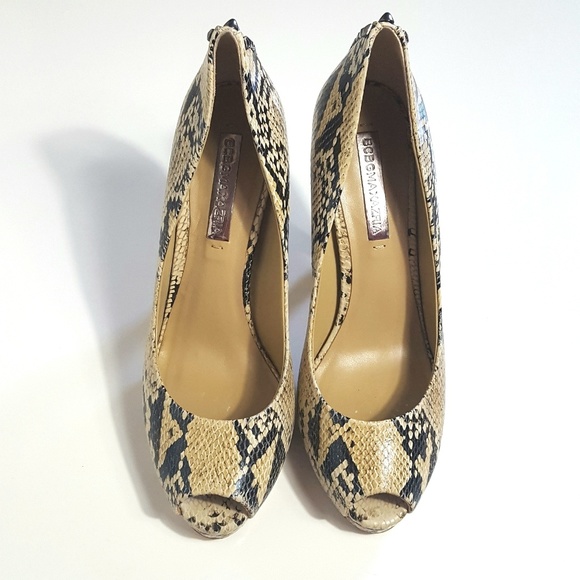 BCBGMaxazria Leather Snake Print Stud Heel Shoes - Picture 4 of 8